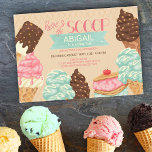 Here's the Scoop Ice Cream Birthday Party Invitation<br><div class="desc">Cute and girly ice cream birthday party invitation. The design has ice cream cones, ice cream sandwich and chocolate ice ceam lolly on a waffle wafer background. It is lettered with "here's the scoop" and your little one's name and age are highlighted on a banner. The design has a yummy...</div>