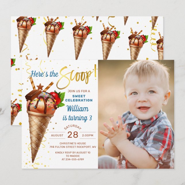 Here's The Scoop Ice Cream Birthday Party Photo Invitation (Front/Back)