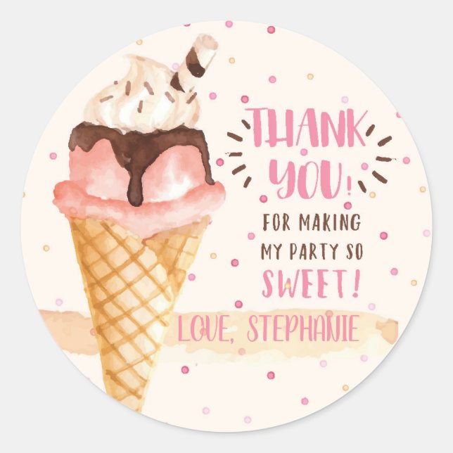 Heres the Scoop Ice Cream Birthday Party Thank You Classic Round Sticker (Front)