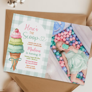 Here's The Scoop Ice Cream Bow 1st Birthday Photo Invitation