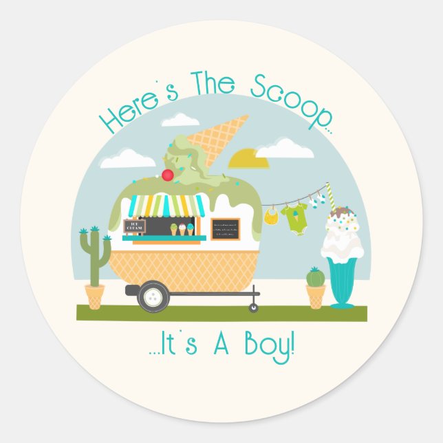 Here's The Scoop Ice Cream Camper Boy Baby Shower Classic Round Sticker (Front)