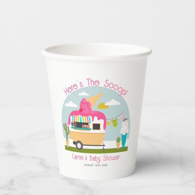 Here's The Scoop Ice Cream Camper Girl Baby Shower Paper Cups (Front)