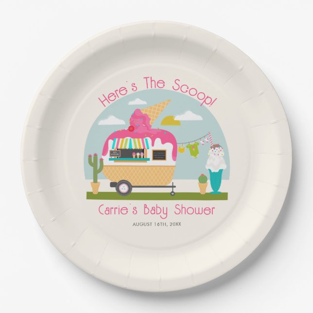 Here's The Scoop Ice Cream Camper Girl Baby Shower Paper Plate (Front)