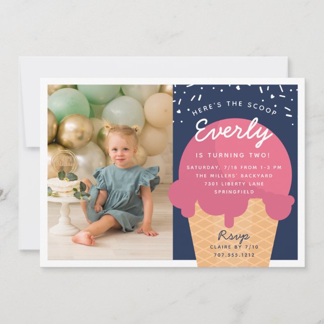 Here's The Scoop Ice Cream Cone Kid Birthday Photo Invitation (Front)