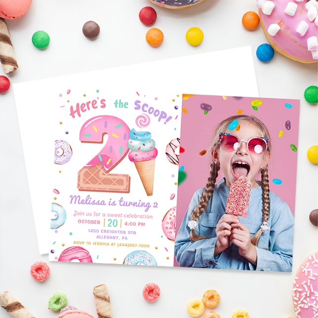 Here's the Scoop Ice Cream Doughnut Birthday Photo Invitation (Creator Uploaded)