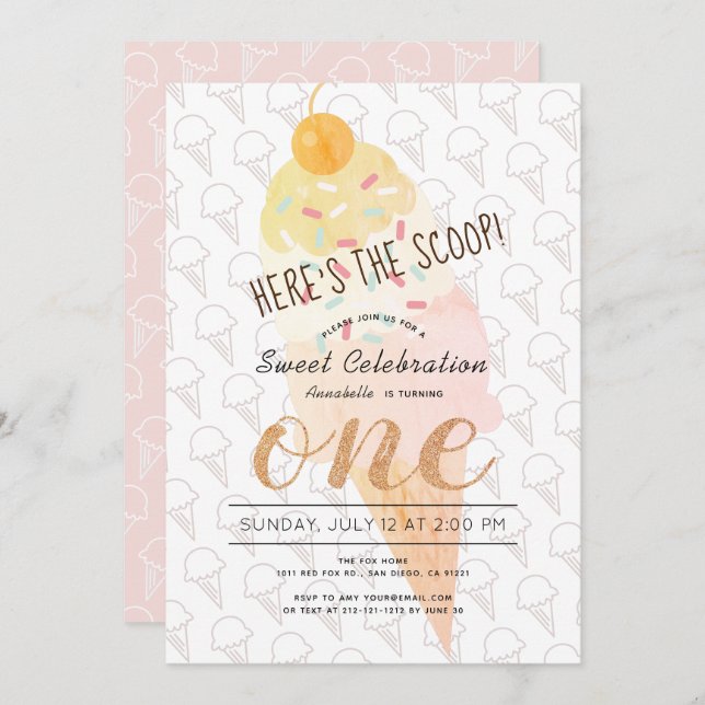 Here's the Scoop Ice Cream Girl Pink 1st Birthday Invitation (Front/Back)
