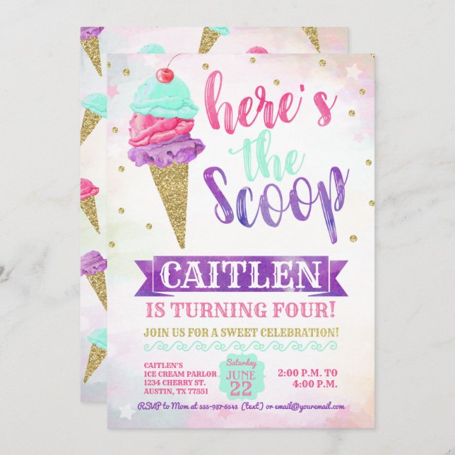Here's The Scoop Ice Cream Gold Glitter Birthday Invitation (Front/Back)