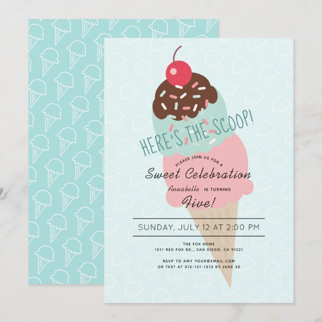 Here's the Scoop Ice Cream Mint Green Birthday Invitation (Front/Back)