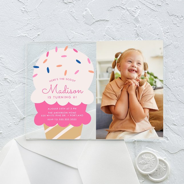 Here's The Scoop Ice Cream Photo Birthday Party Acrylic Invitations (Creator Uploaded)