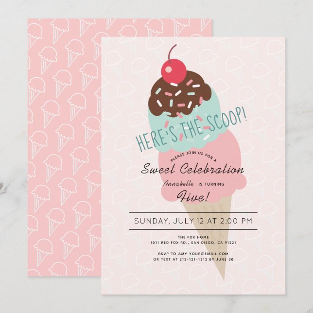 Here's the Scoop Ice Cream Pink Girl Birthday Invitation (Front/Back)