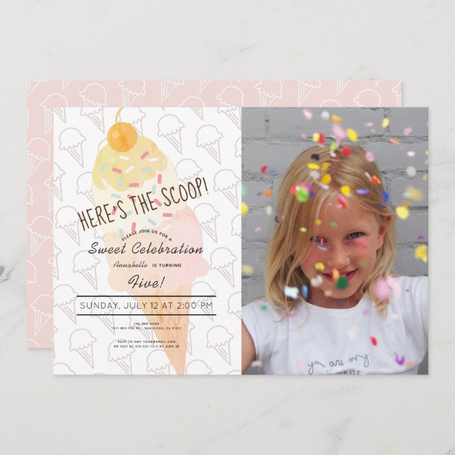 Here's the Scoop Ice Cream Pink Photo Birthday Invitation (Front/Back)