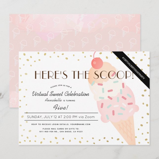 Here's the Scoop Ice Cream Pink Virtual Birthday Invitation (Front/Back)
