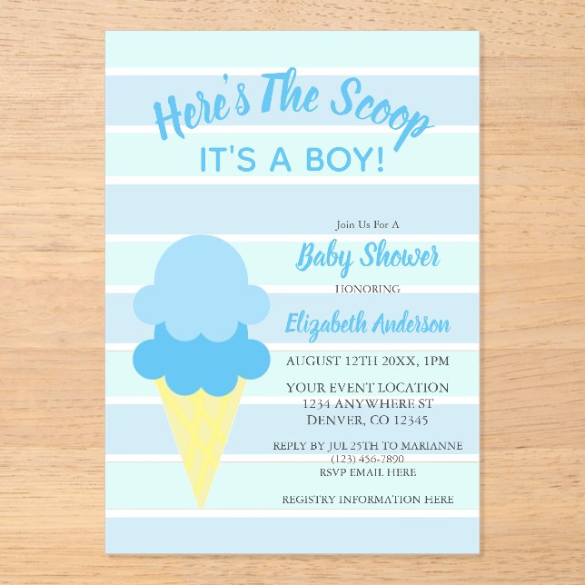 Here's The Scoop Ice Cream Summer Baby Shower Acrylic Invitations (Front)