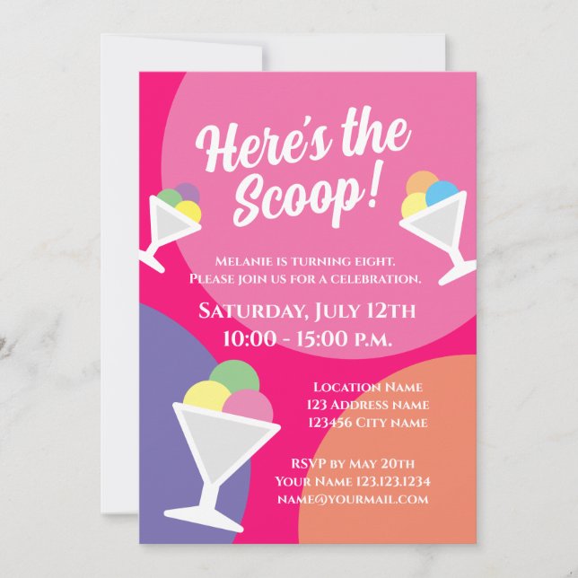 Here's the scoop kid's ice cream Birthday party Invitation (Front)