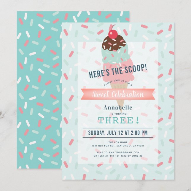 Here's the Scoop Mint Green Ice Cream Birthday Invitation (Front/Back)