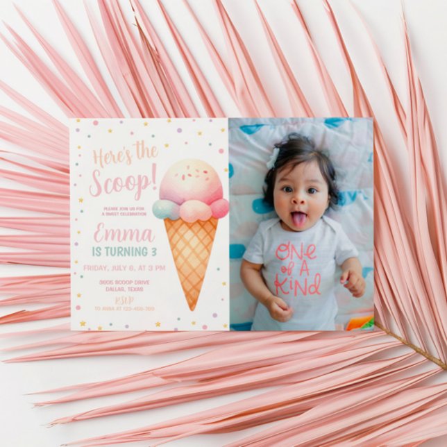 Here's the Scoop Pastel Pink Ice Cream Photo Invitation (Creator Uploaded)