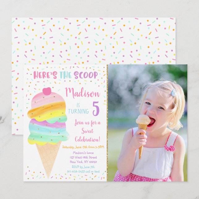 Here's The Scoop Pink Gold Ice Cream Birthday Invitation (Front/Back)