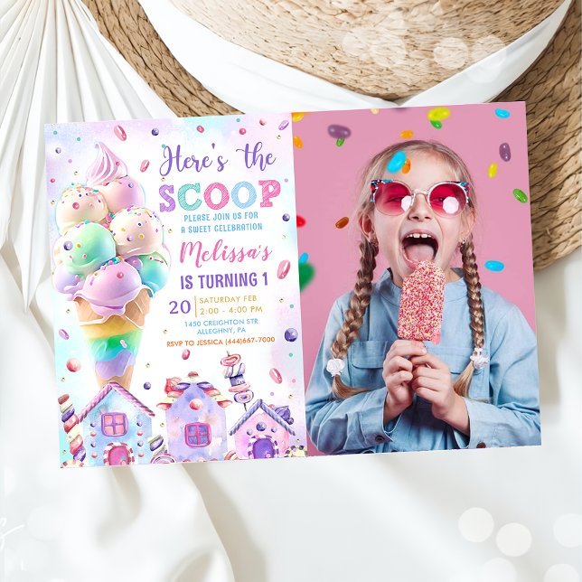 Here's the Scoop Pink Ice Cream Birthday Photo Invitation (Creator Uploaded)