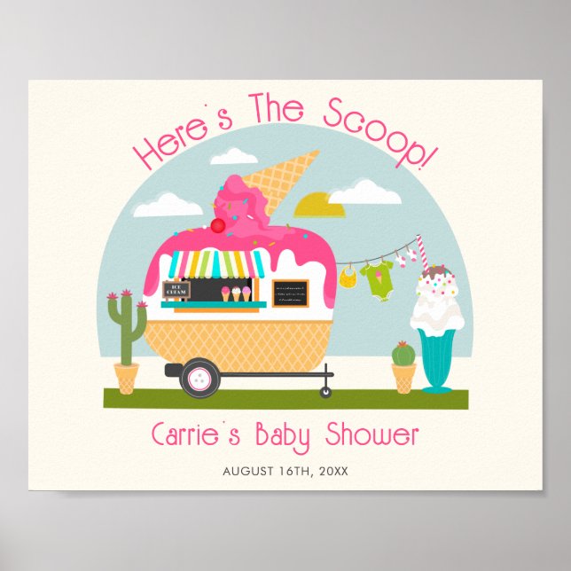 Here's The Scoop Pink Ice Cream Camper Baby Shower Poster (Front)