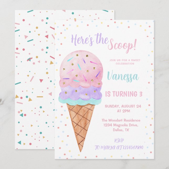 Here's the Scoop Pink Ice Cream girl Birthday Invitation (Front/Back)