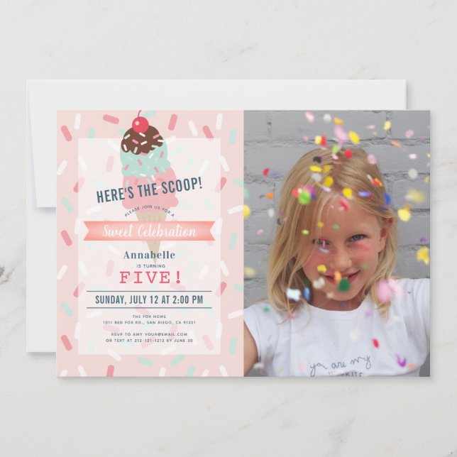 Here's the Scoop Pink Ice Cream Photo Birthday Invitation (Front)