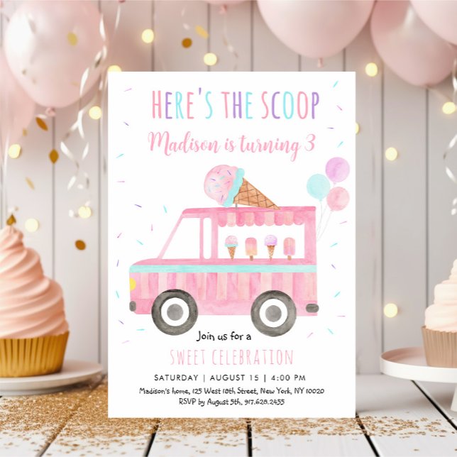 Here's The Scoop Pink Ice Cream Truck Birthday Invitation (Creator Uploaded)