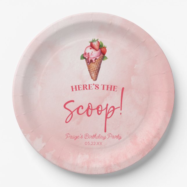Here's The Scoop Pink Red Ice Cream Birthday Party Paper Plate (Front)