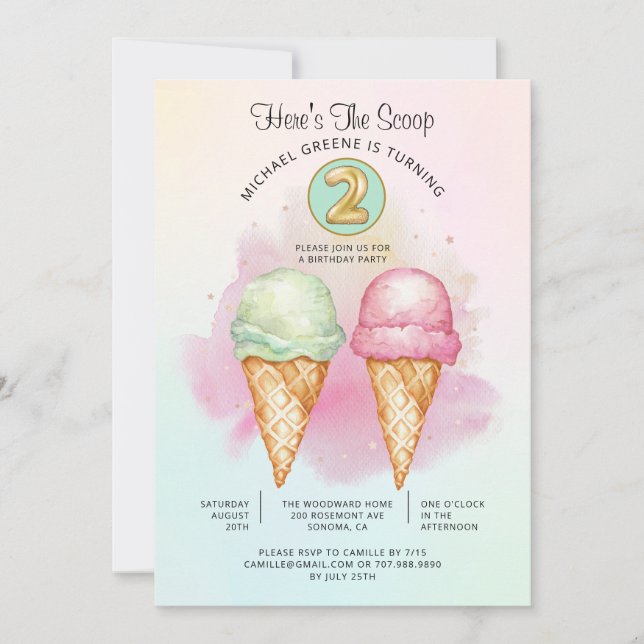 Here's The Scoop Turning Two Birthday Party Invitation (Front)