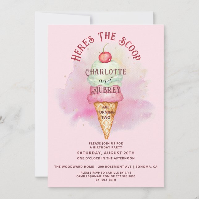 Here's The Scoop Twins 2nd Birthday Party Pink  Invitation (Front)