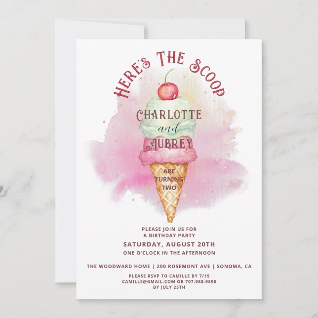 Here's The Scoop Twins Turning Two Birthday Party Invitation (Front)