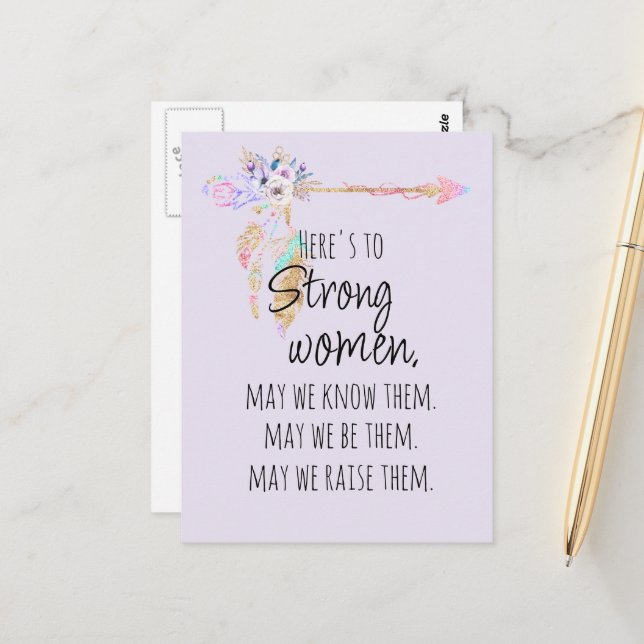 Here's to Strong Women Boho Floral Arrow Lilac Postcard (Front/Back In Situ)