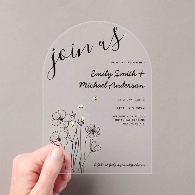 Heritage Acrylic Bee & Botanical Arch Wedding Acrylic Invitations (Insitu (Handheld))