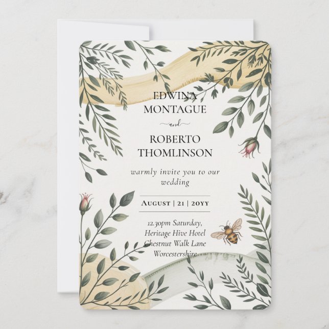 Heritage Bee and Olive Botanical Wedding Invitation (Front)