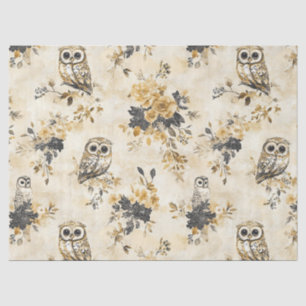 Heritage Beige Owl Botanical Floral Pattern Tissue Paper