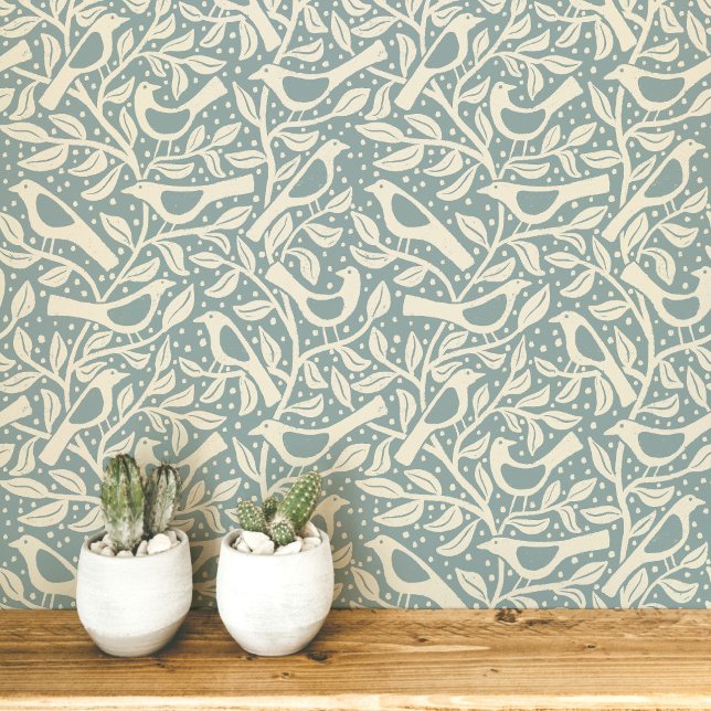 Heritage Birds and Branches Duck Egg Blue Wallpaper (Birds and branches heritage revival arts and crafts movement inspired duck egg blue green wallpaper)