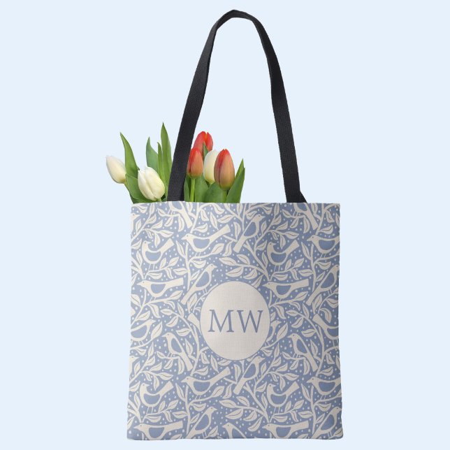 Heritage Birds Monogram Initial Tote Bag (Heritage Arts and Crafts style monogram initial personalized birds and branches tote bag)