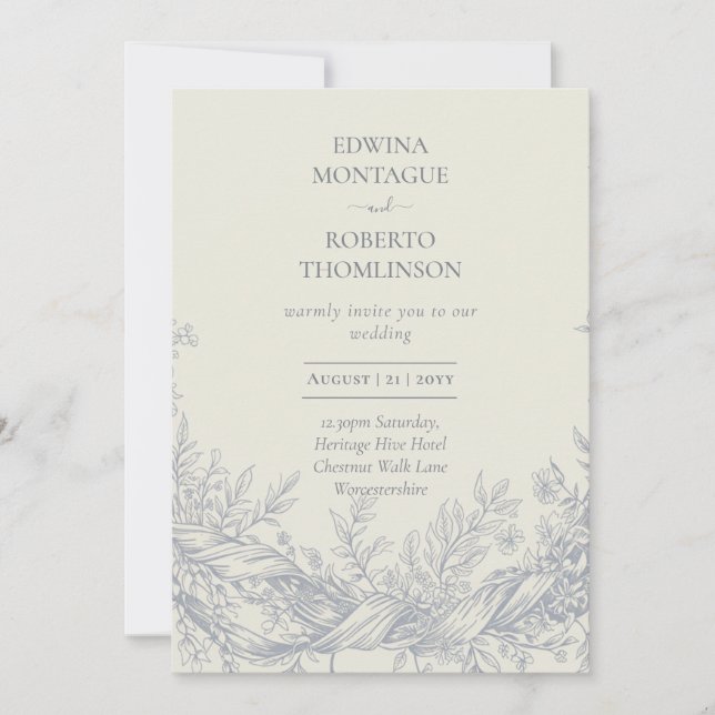 Heritage Blue Botanical Engraved Elegant Wedding Invitation (Front)