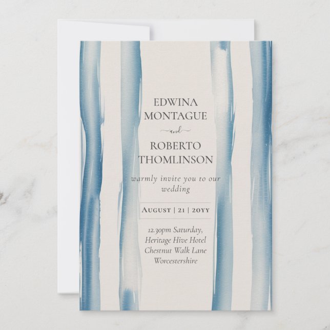 Heritage Blue Brushstroke Coastal Modern Wedding Invitation (Front)