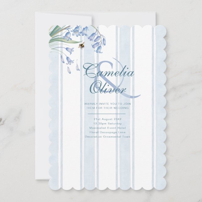 Heritage Bluebells Bees Floral Stripes Wedding Invitation (Front)