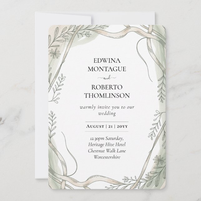 Heritage Botanical Ribbon and Vine Wedding Invitation (Front)