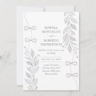 Heritage Botanical Ribbon Line Art Elegant Wedding Invitation