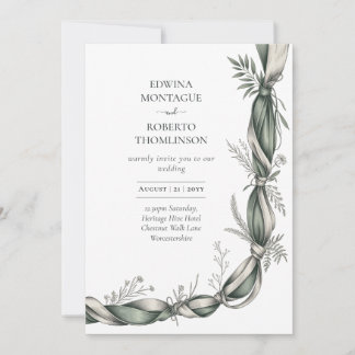 Heritage Botanical Ribbon Twist Elegant Green Wedd Invitation