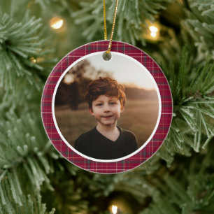 HERITAGE   Burgundy Tartan Pattern Photo Ceramic Tree Decoration