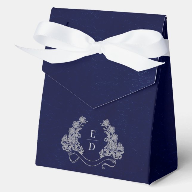 Heritage Crest Monogram Navy Heritage Wedding Favour Box (Front)