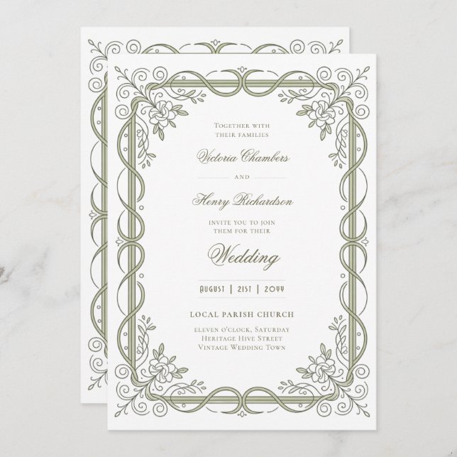 Heritage | Edwardian Sage Ribbon Scroll Invitation (Front/Back)