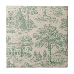 Heritage Farm Toile in Sage Green and Blue Tile