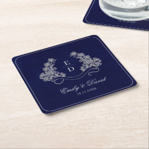 Heritage Floral Crest Navy Monogram Paper Napkin Square Paper Coaster