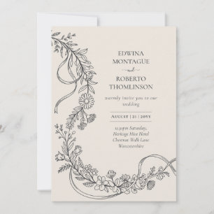 Heritage Floral Garland Ribbon Line Art Wedding Invitation