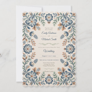 Heritage | Folk Art Blue Floral Vintage Wedding Invitation