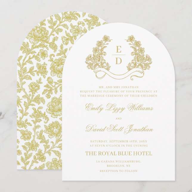 Heritage Gold and White Monogram Arch Wedding Invitation (Front/Back)